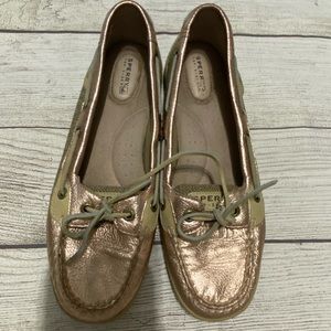 Sperry Topsiders Women’s 8.5 M Shoes Rose Gold Leather Fabric Slip On Loafers